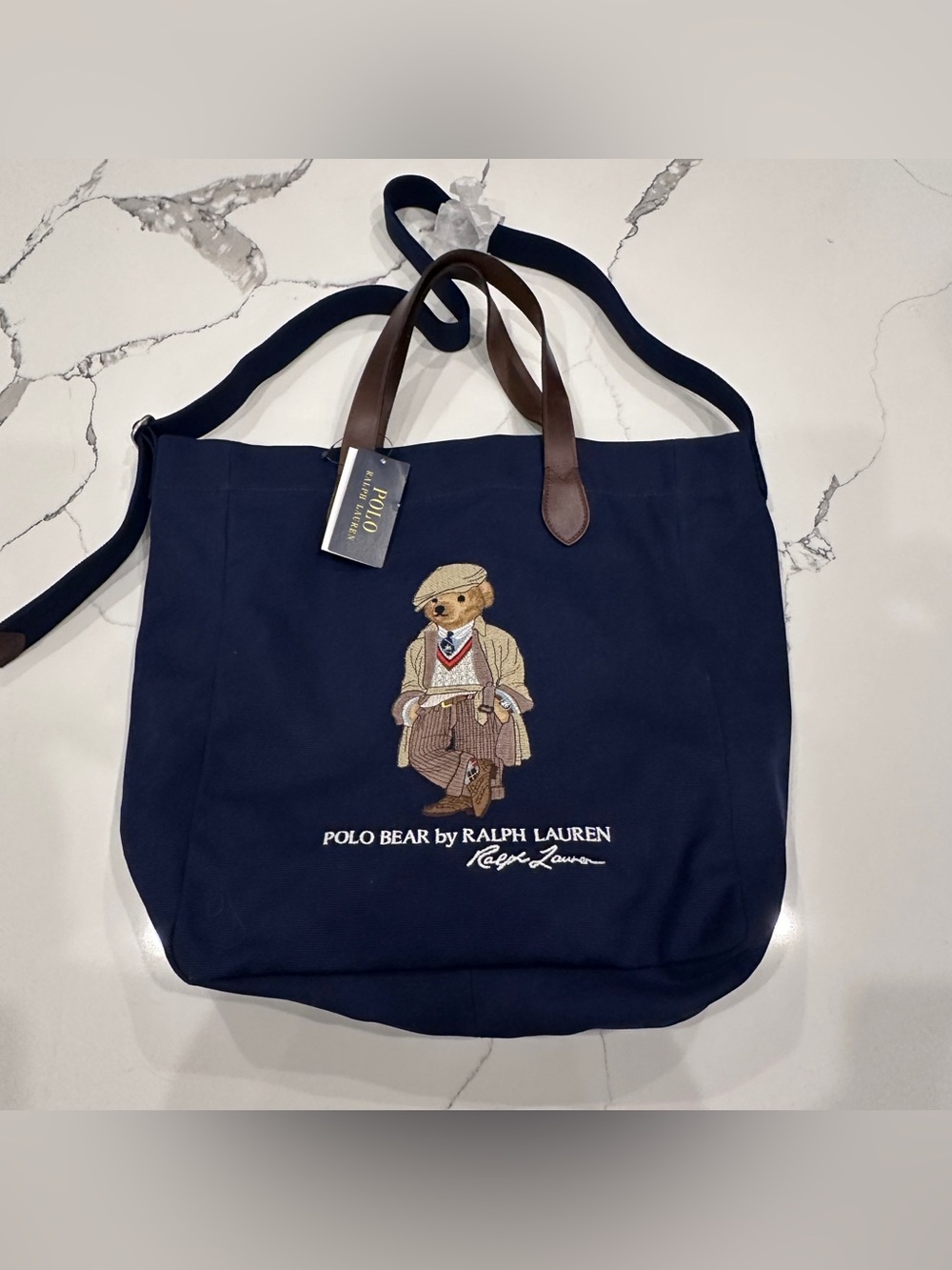 Polo Ralph Lauren White COLLEGIATE BEAR Canvas Embroidered SHOPPER Tote Bag